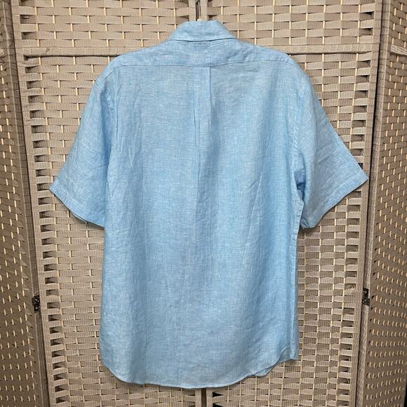 Brooks Brothers REGENT Linen Button Down Shirt Men’s L Blue Short Sleeve EUC - Picture 2 of 8